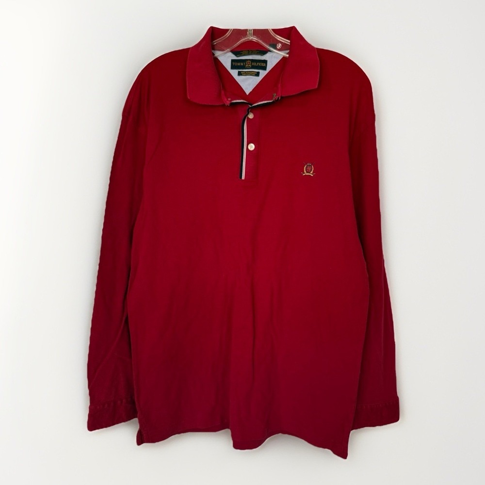 Vintage 90s Tommy Hilfiger Golf Polo Shirt L Red Crest Pima Cotton Long Sleeve
